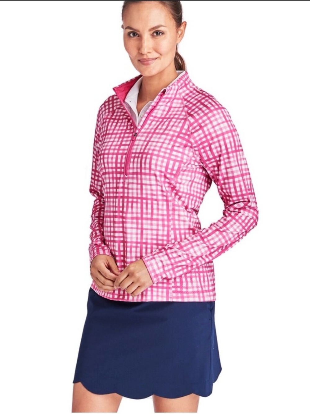 Vineyard Vines Pink Gingham Quarter-Zip Performance Jacket